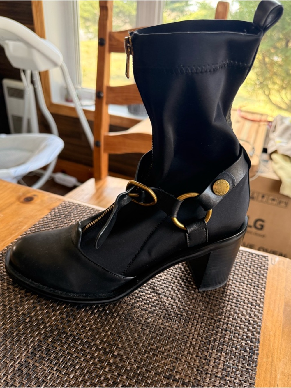 Tullia Rudsak Black Women's Mid-Heel Ankle Boot with Brass Gold Detail